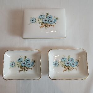Antique Aynsley Blue Bouquet Trinket Box And Trays Bone China